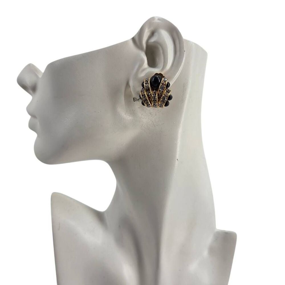 Vintage Black Rhinestone Fan Clip-On Earrings 1980s